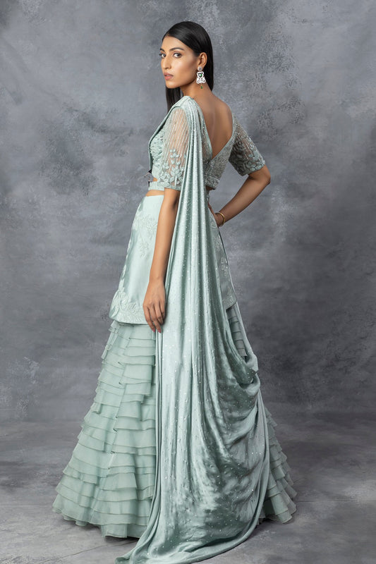 Powder Blue Lehnga Saree Set
