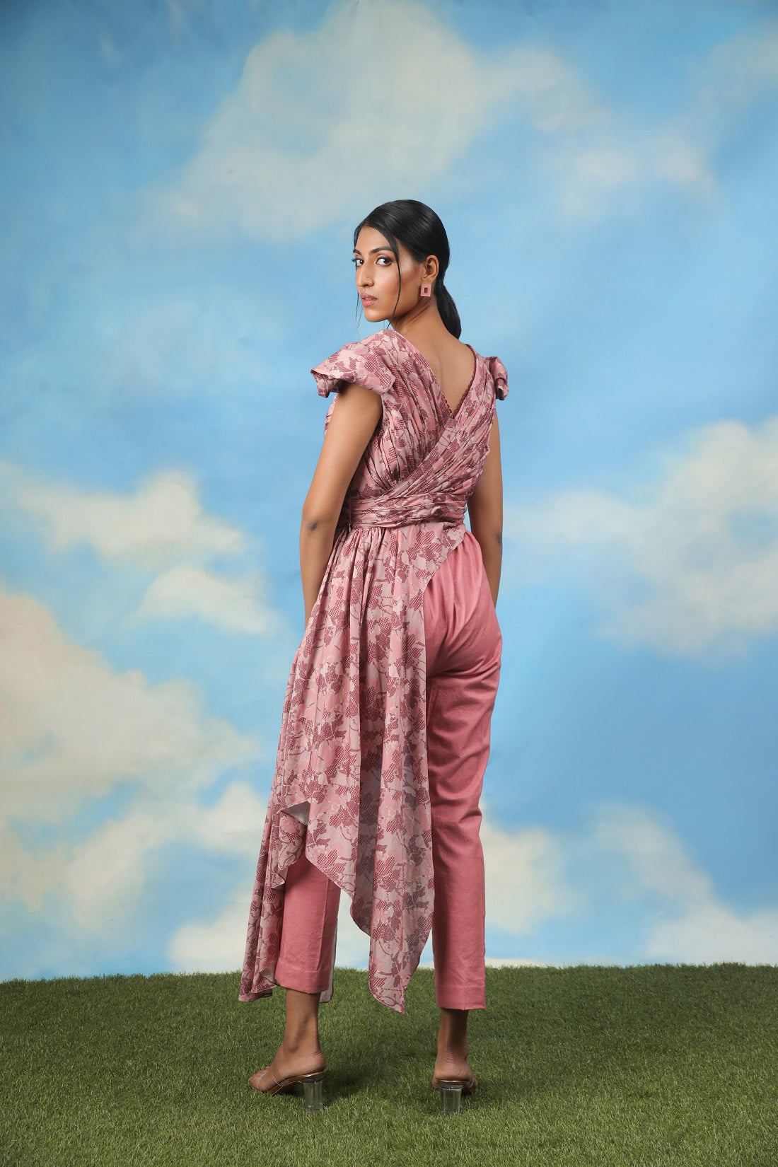 Satin Chanderi Drape Top with Cotton Lycra Pants