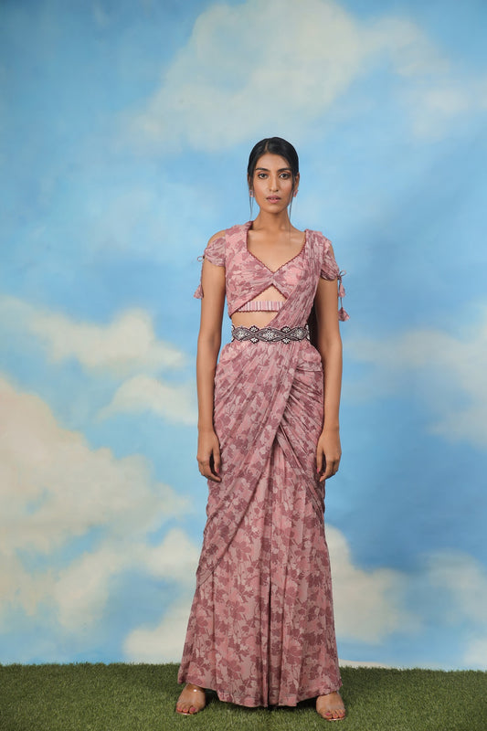 Rose gold palazzo sari with blouse and belt