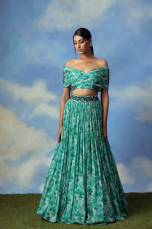 Aqua green printed crop top skirt with embroidered blouse