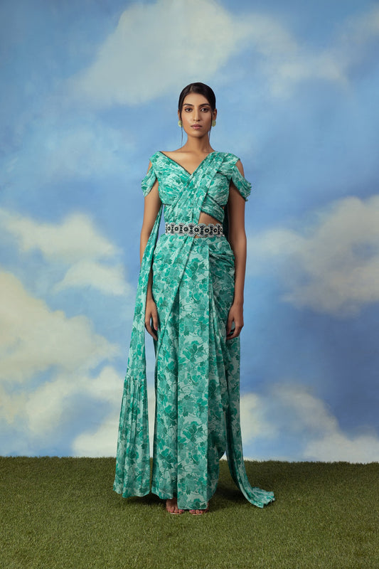 Aqua green printed palazzo sari with blouse and belt
