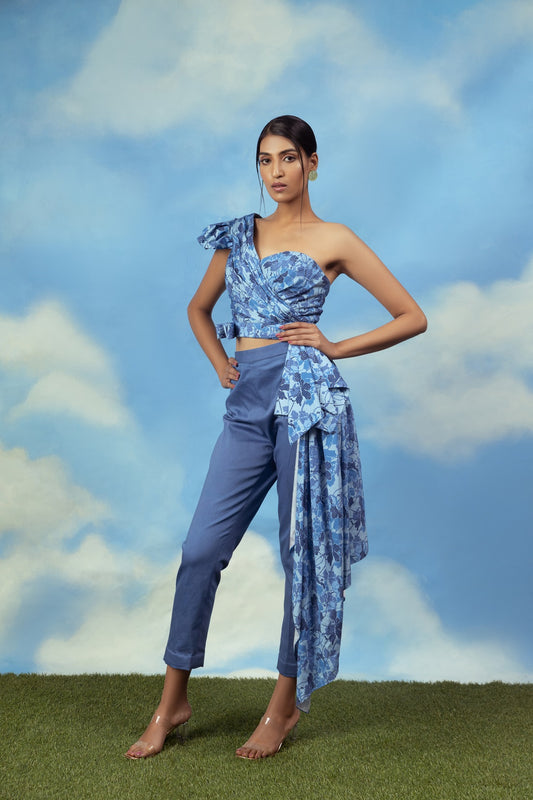 Satin chanderi one off shoulder drape top with cotton lycra pants
