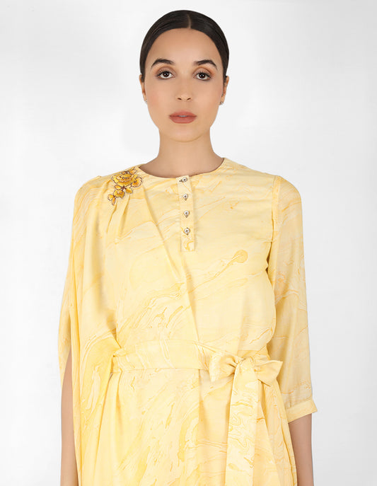 marble print drape tunic dress with belt - Yellow
