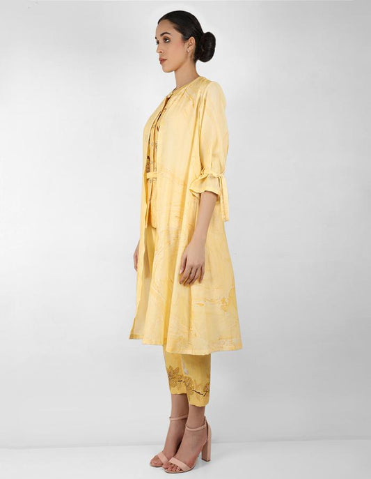 Marble print long jacket with shirt - Yellow