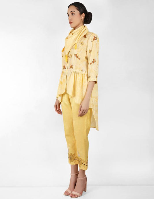 marble print Summer garden high low shirt with scarf - Yellow