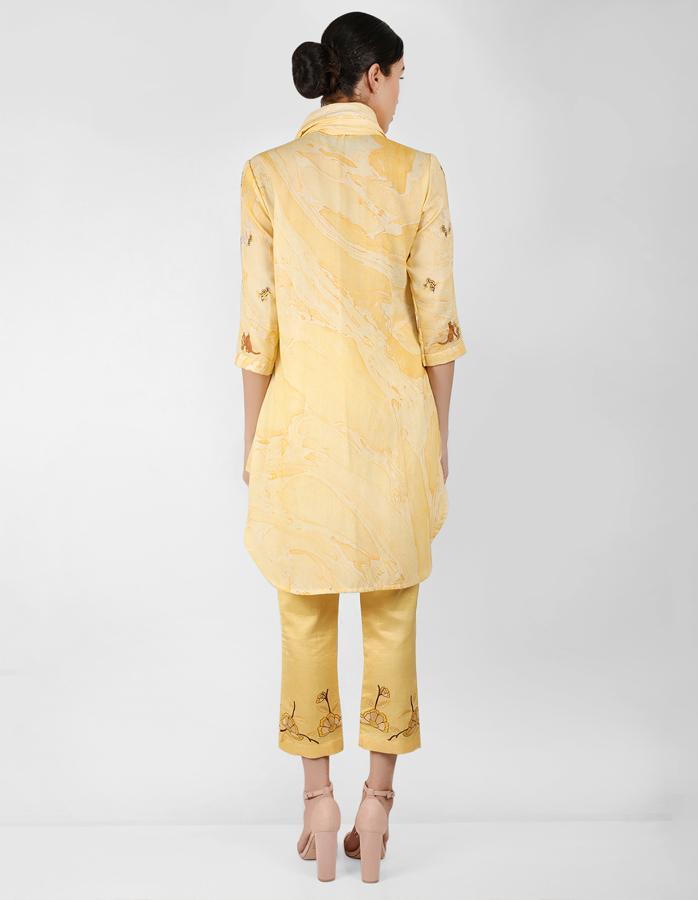 marble print Summer garden high low shirt with scarf - Yellow