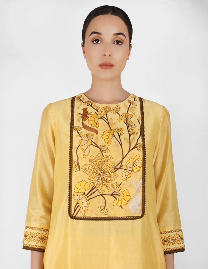 Summer garden tunic with marble print dupatta - Yellow