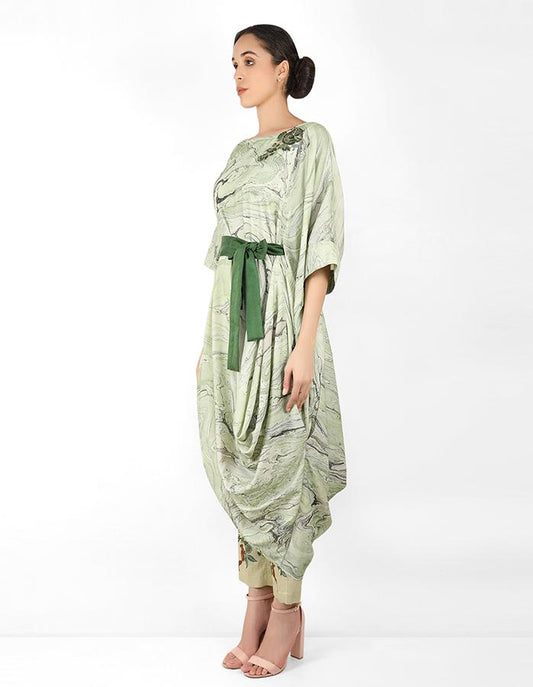 Marble print drape tunic dress with belt - Green