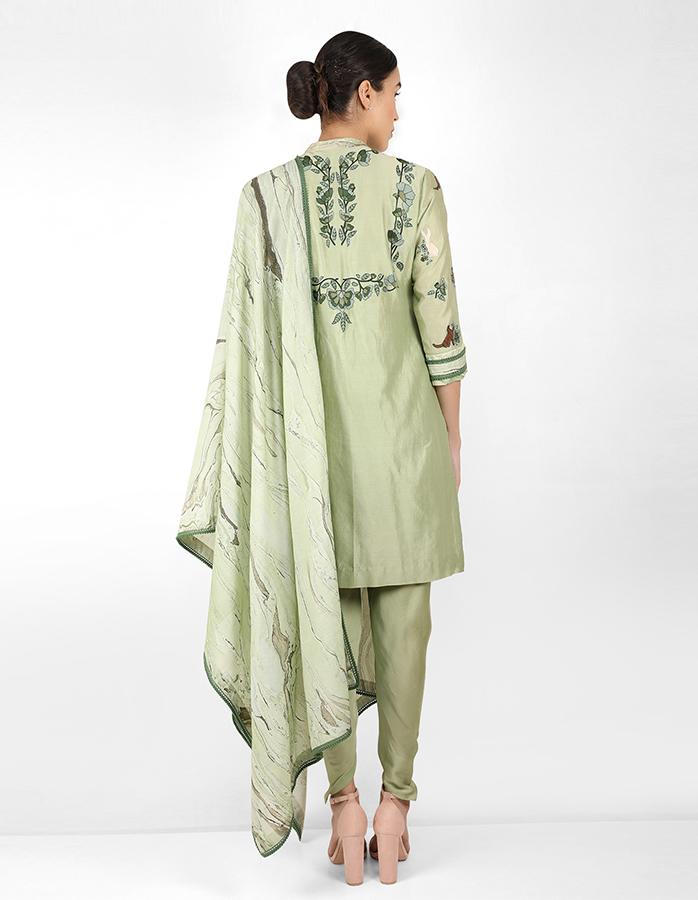 Summer garden tunic with marble print dupatta - Green