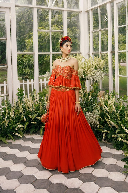 Silk blouse with gerogette frills and shaded georgette skirt