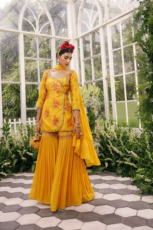 Silk kurti with sequin embroidered georgette dupatta with georgette sharara