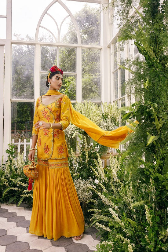 Silk kurti with sequin embroidered georgette dupatta with georgette sharara