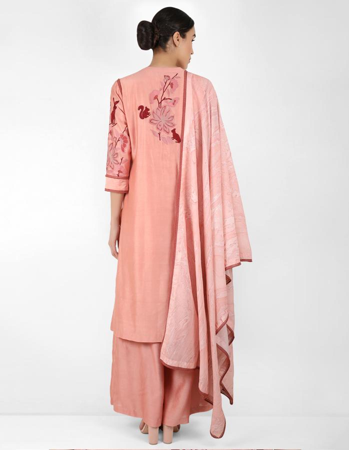Summer garden tunic with marble print dupatta - Rose Gold