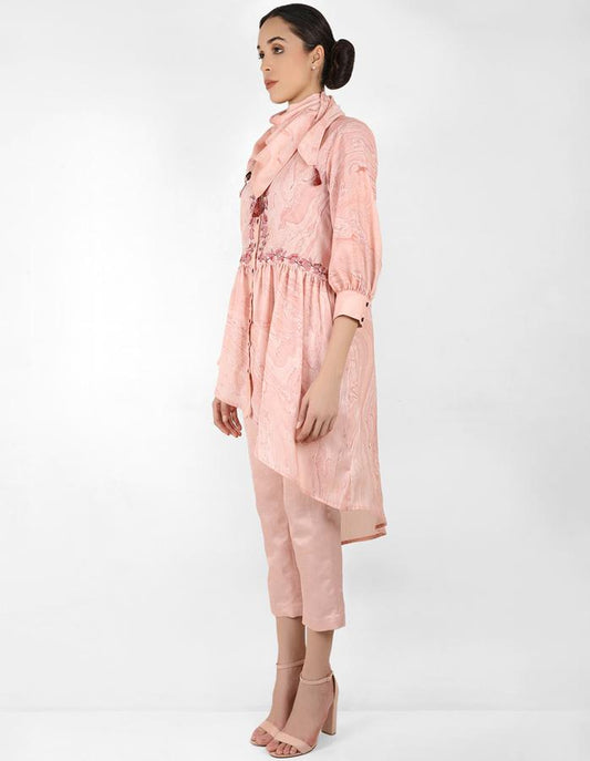 marble print Summer garden high low shirt with scarf - Rose Gold