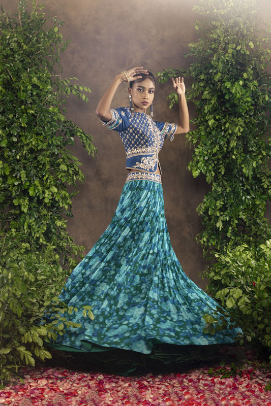 Blue floral print Georgette lehnga set with long blouse