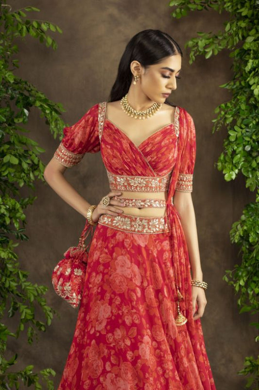 Fuchsia orange floral printed rooshing blouse and lehnga