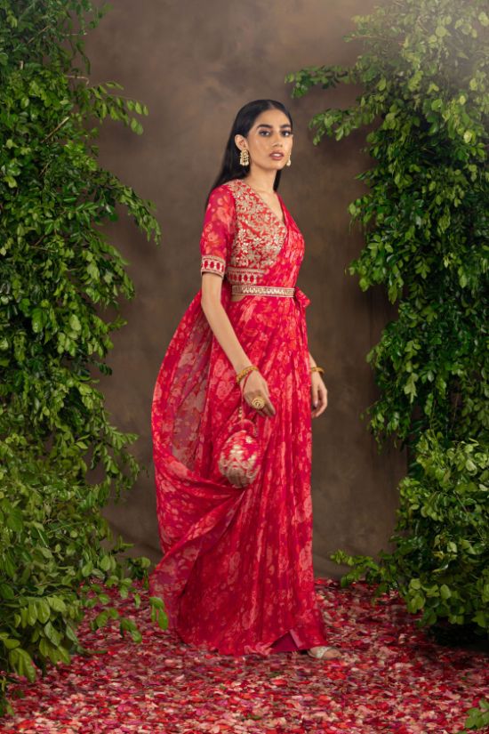 Fuchsia orange floral printed drape sari