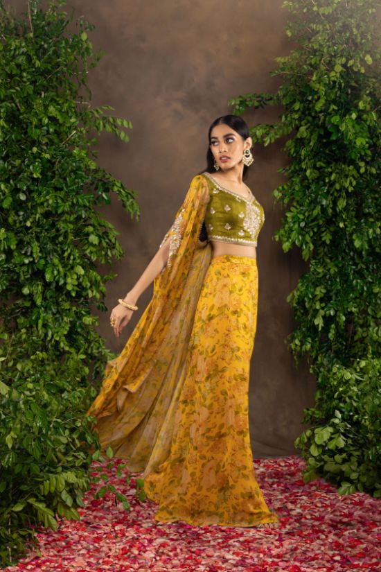 Yellow Floral printed Moomal Plazo with cape