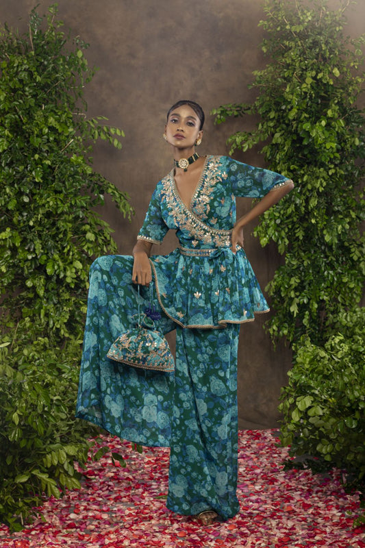 Blue green floral print Georgette palazzo set