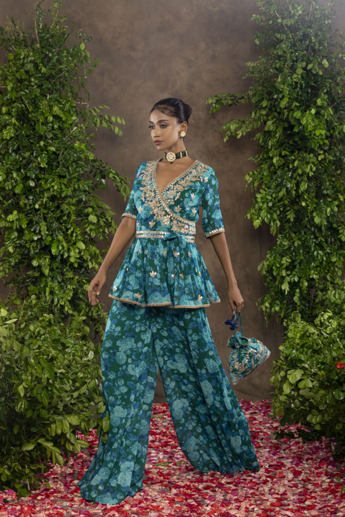 Blue green floral print Georgette palazzo set
