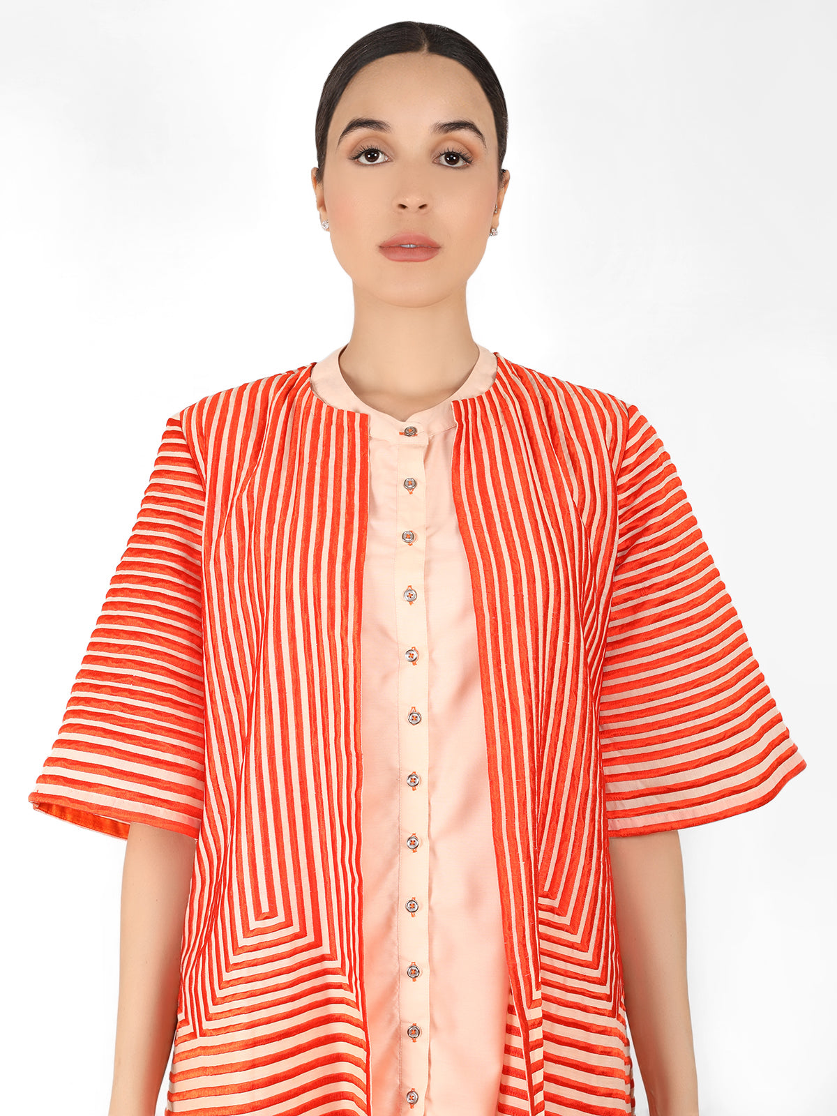 Geometric wave stripe floral jacket - Peach