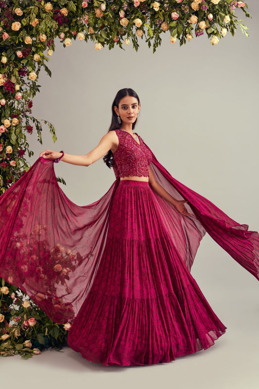 Wine Printed Lehenga