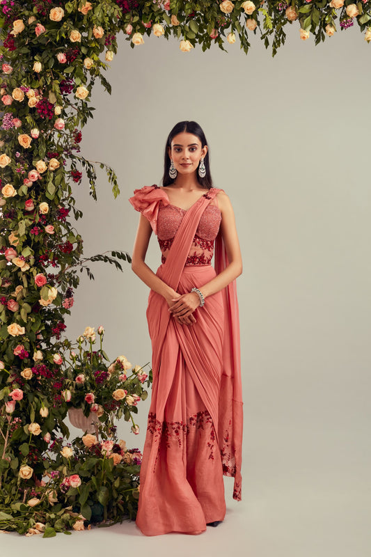 Dusty Coral Drape Saree