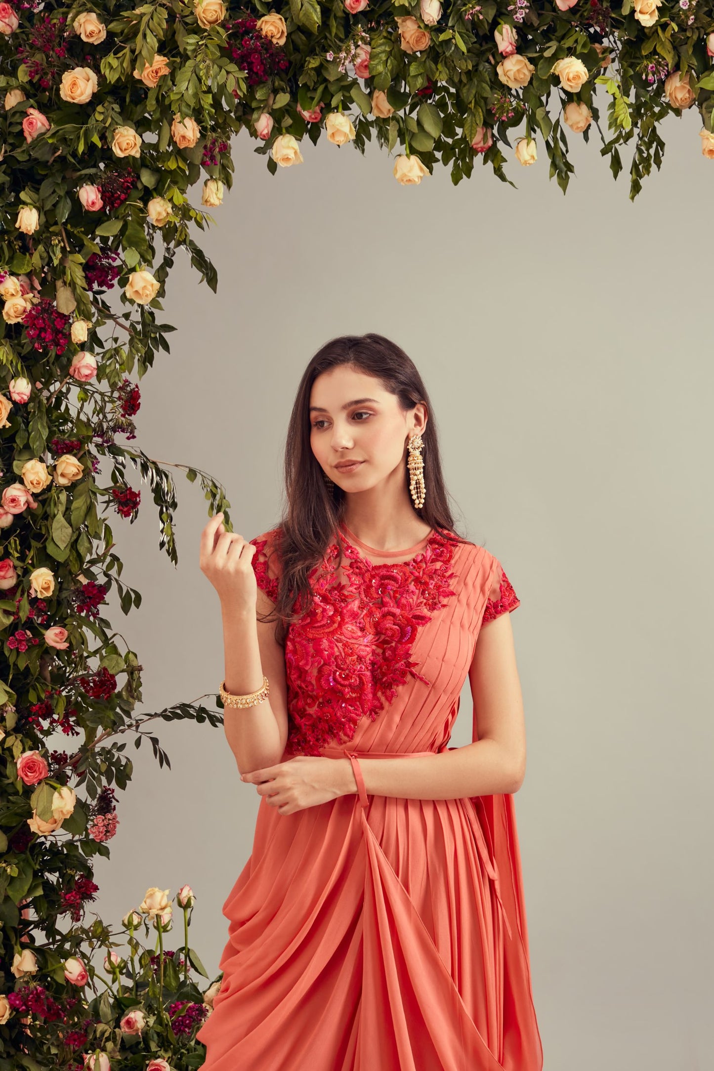 Peach Georgette Drape Dress