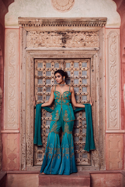Teel turquise ombre shaded satin georgette kurti set with organza georgette dupatta and satin georgette gharara.