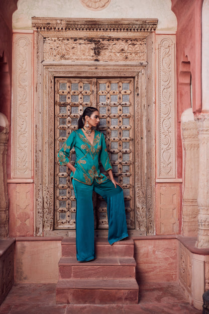 Teel satin georgette jacket set with satin georgette teel turquise ombre palazo pants.