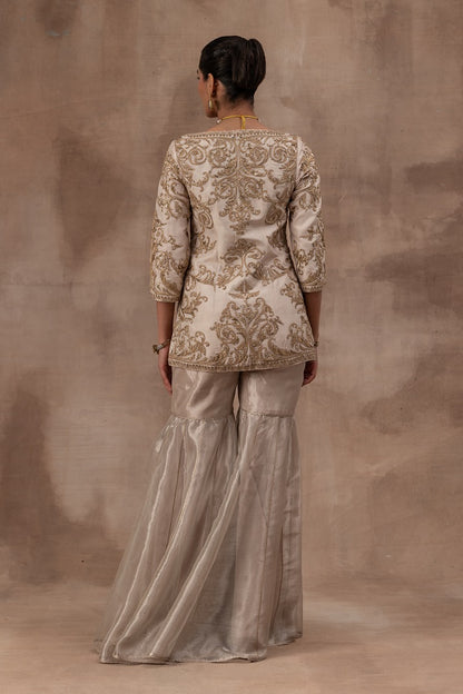Rose gold opada silk jacket set with tissue gharara pants