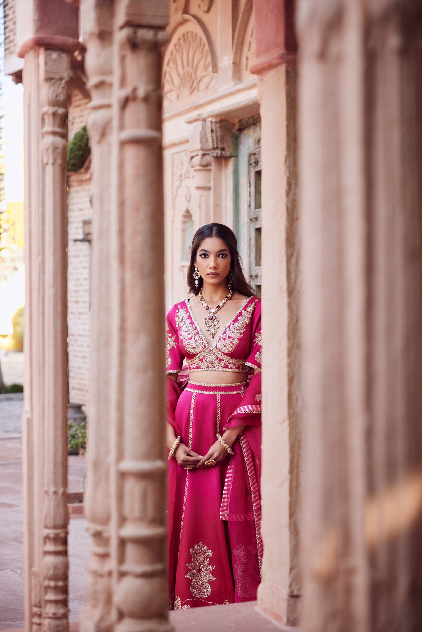 pink red ombre satin georette lehnga with organza dupatta and satin georgette embroidered blouse