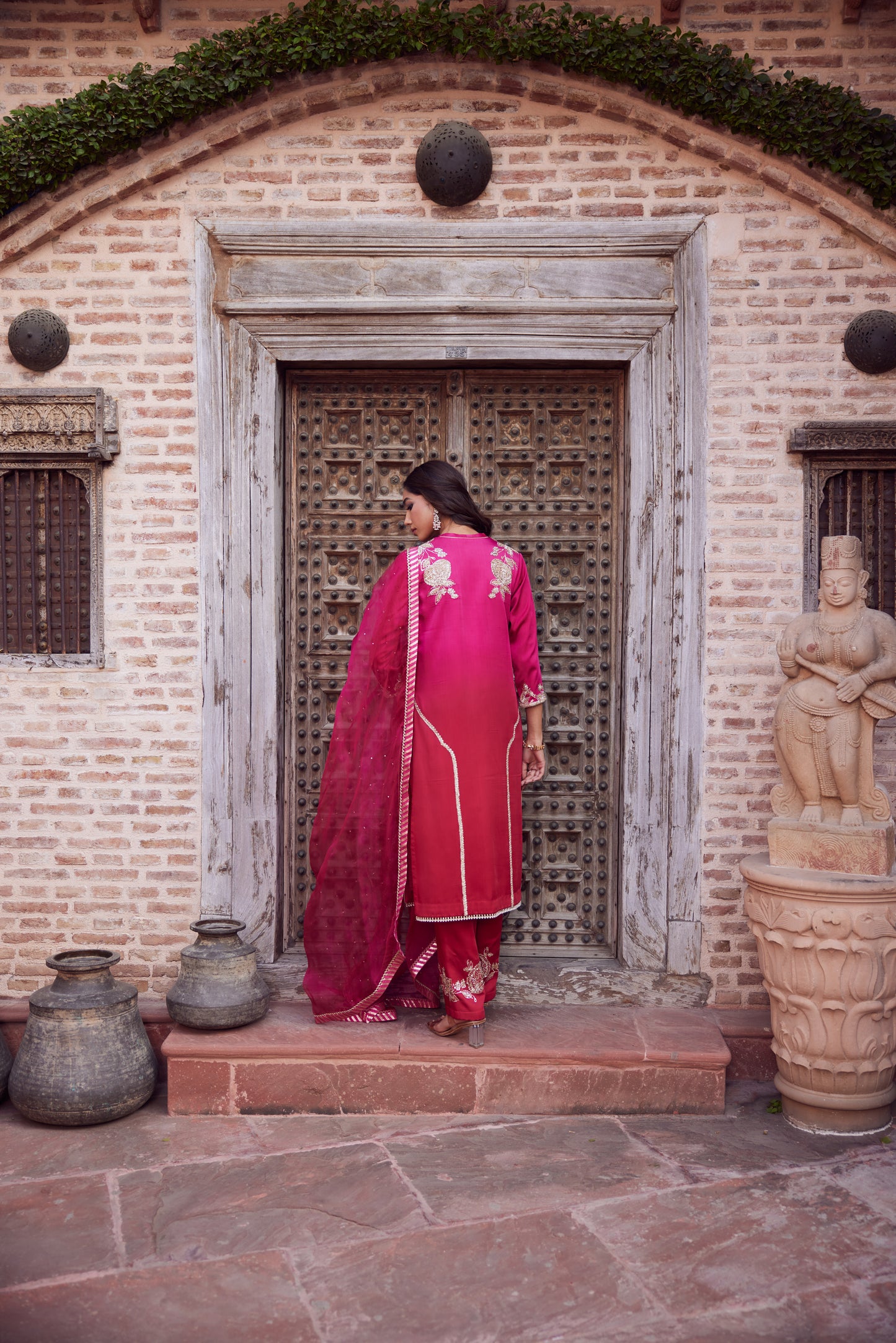 Pink red ombre shaded satin georgette kurta set with organza dupatta and satin georgette pants.