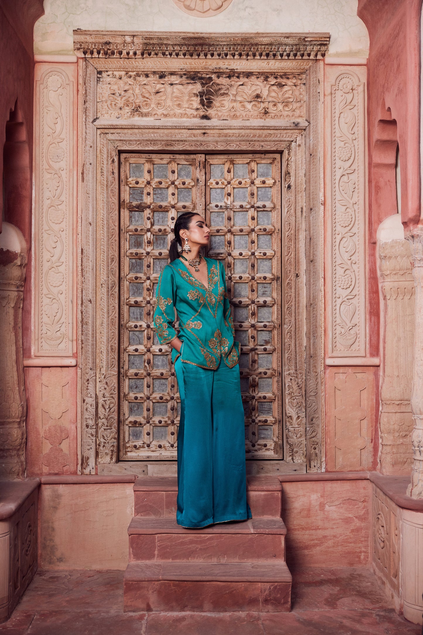 Teel satin georgette jacket set with satin georgette teel turquise ombre palazo pants.