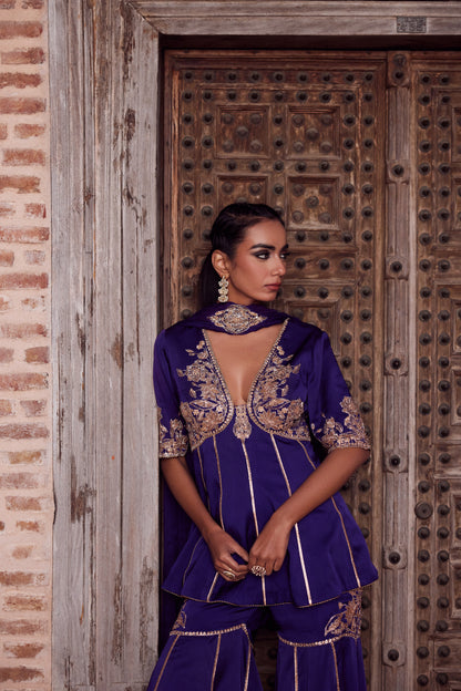 Purple ombre shaded satin georgette peplum kurti set with organza dupatta and satin georgette gharara.