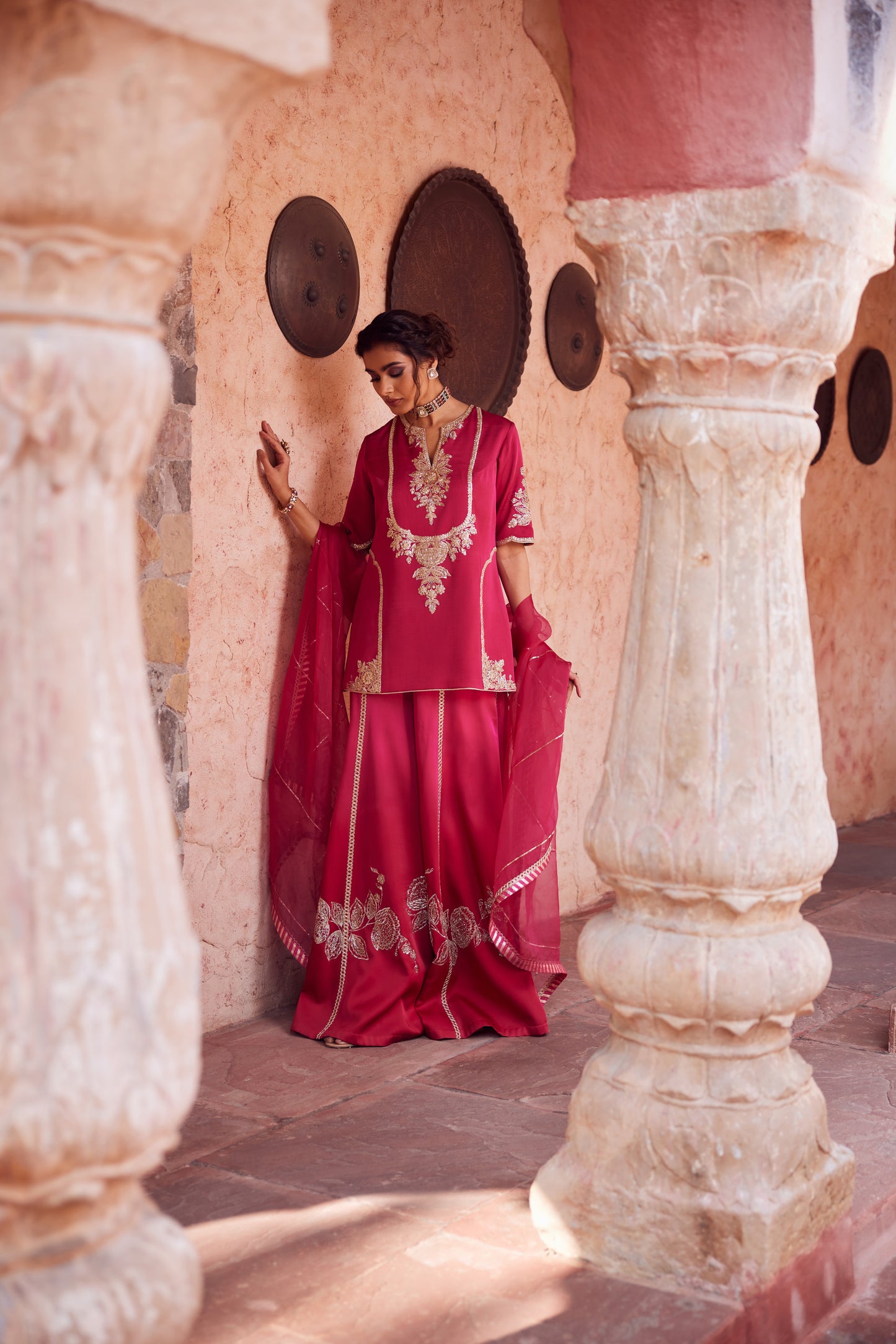 Pink red ombre shaded satin georgette kurti set with organza dupatta and satin georgette sharara.