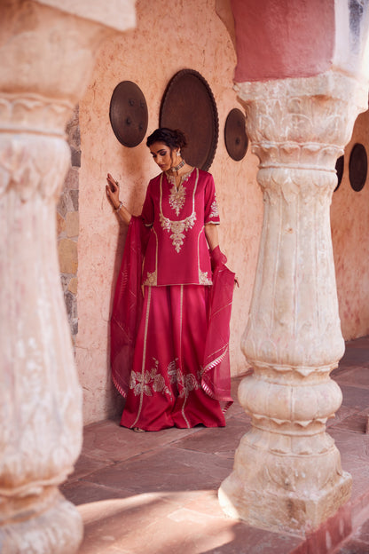 Pink red ombre shaded satin georgette kurti set with organza dupatta and satin georgette sharara.