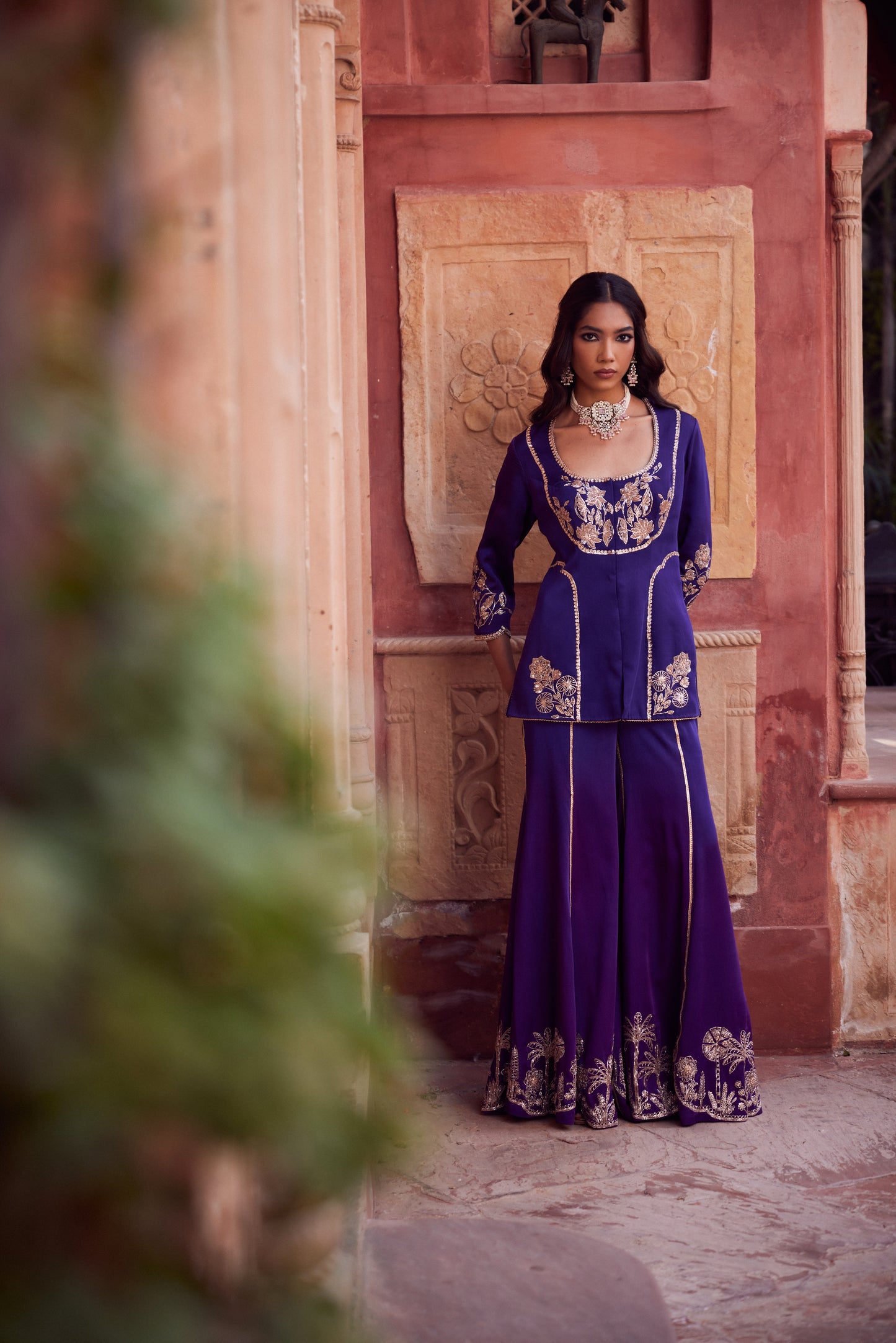 Purple satin georgette jacket set with satin georgette purple ombre bell bottom pants.
