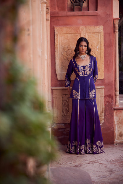 Purple satin georgette jacket set with satin georgette purple ombre bell bottom pants.