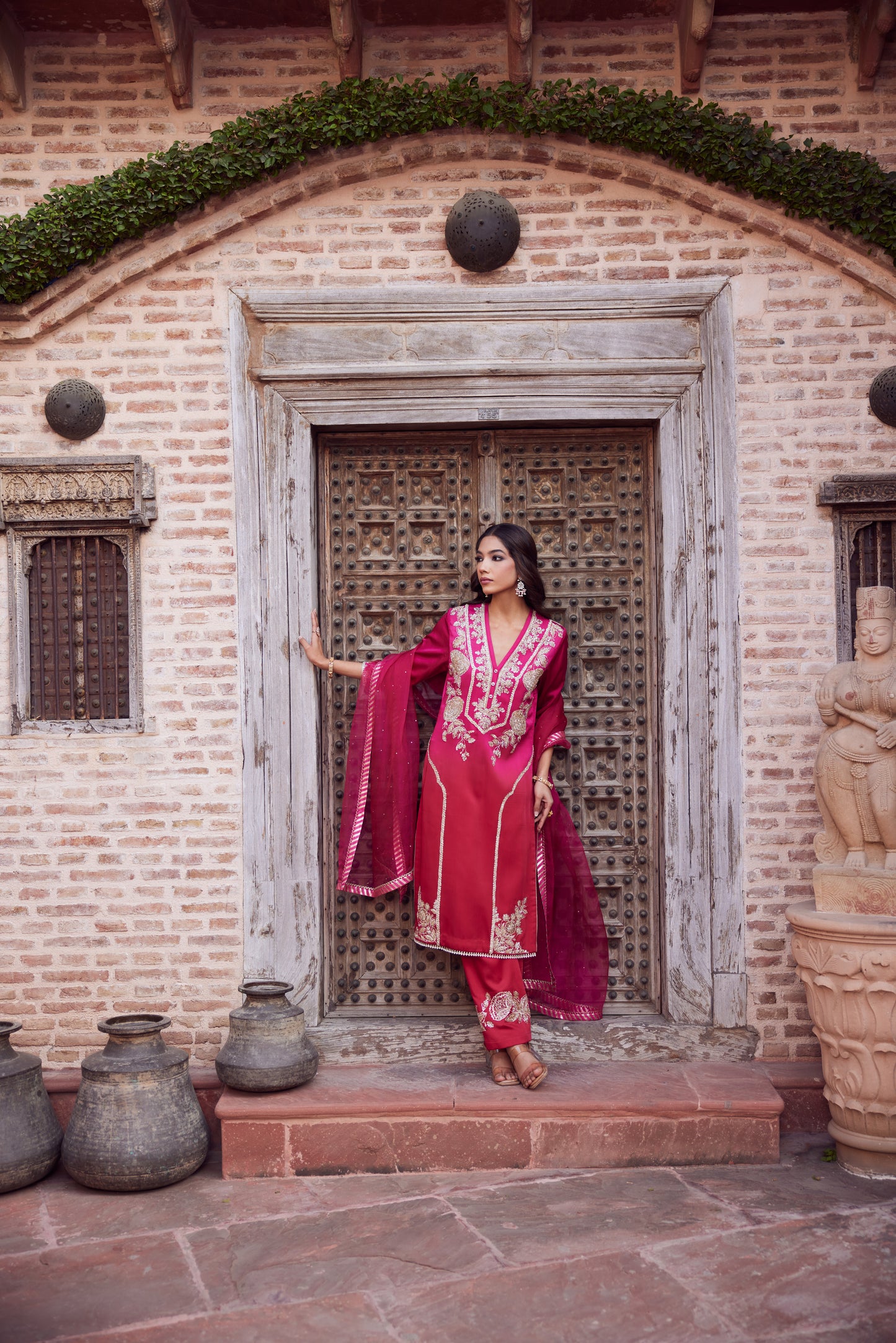 Pink red ombre shaded satin georgette kurta set with organza dupatta and satin georgette pants.