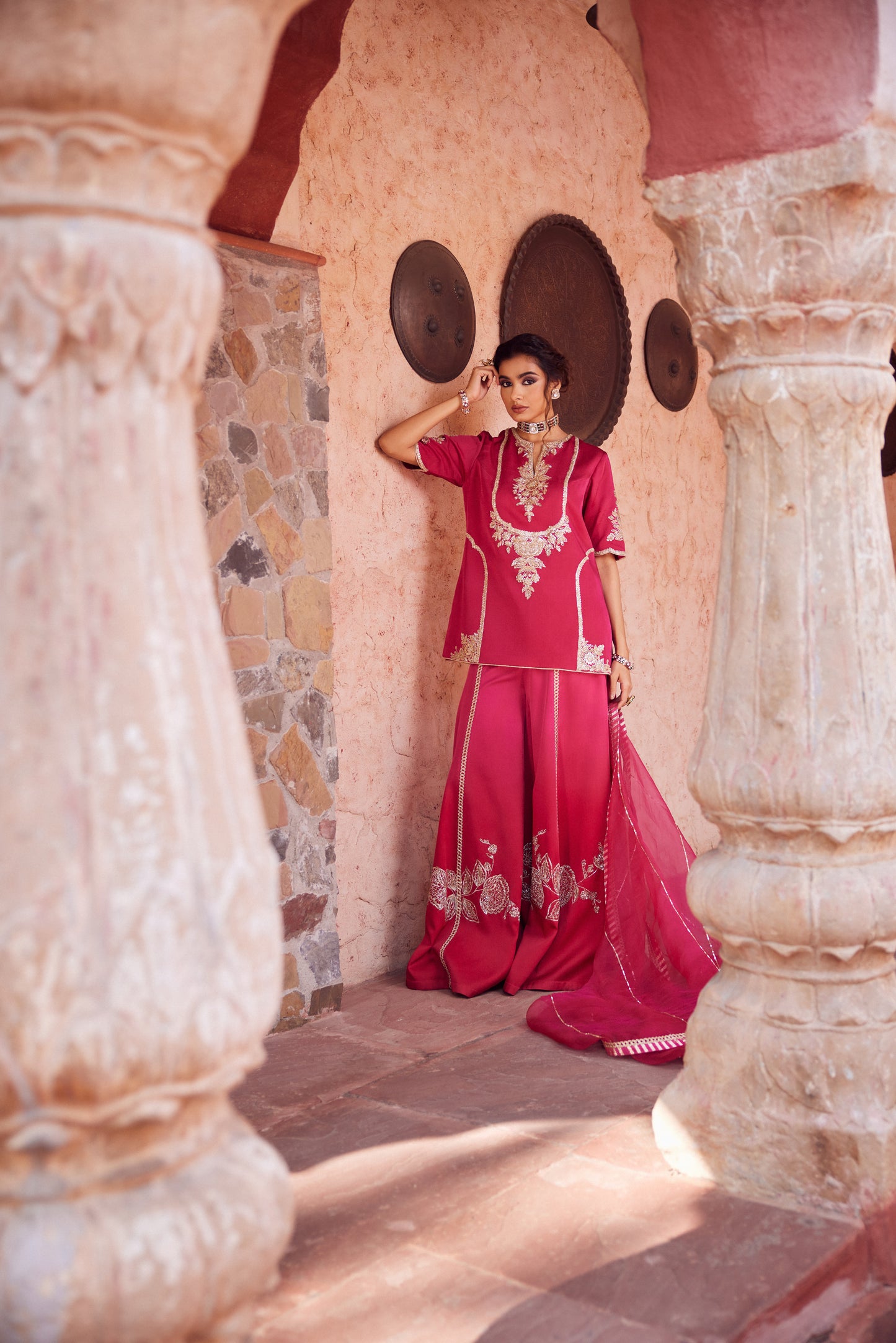 Pink red ombre shaded satin georgette kurti set with organza dupatta and satin georgette sharara.