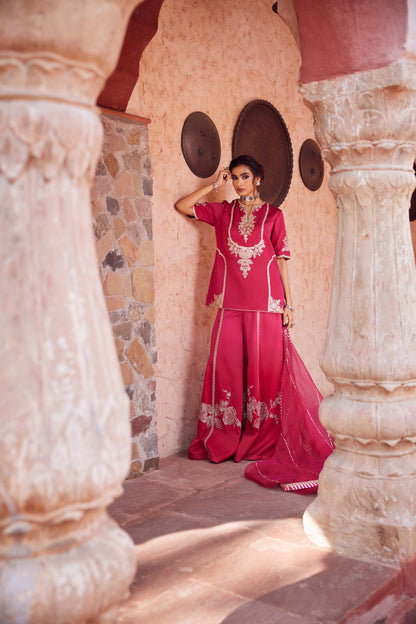 Pink red ombre shaded satin georgette kurti set with organza dupatta and satin georgette sharara.