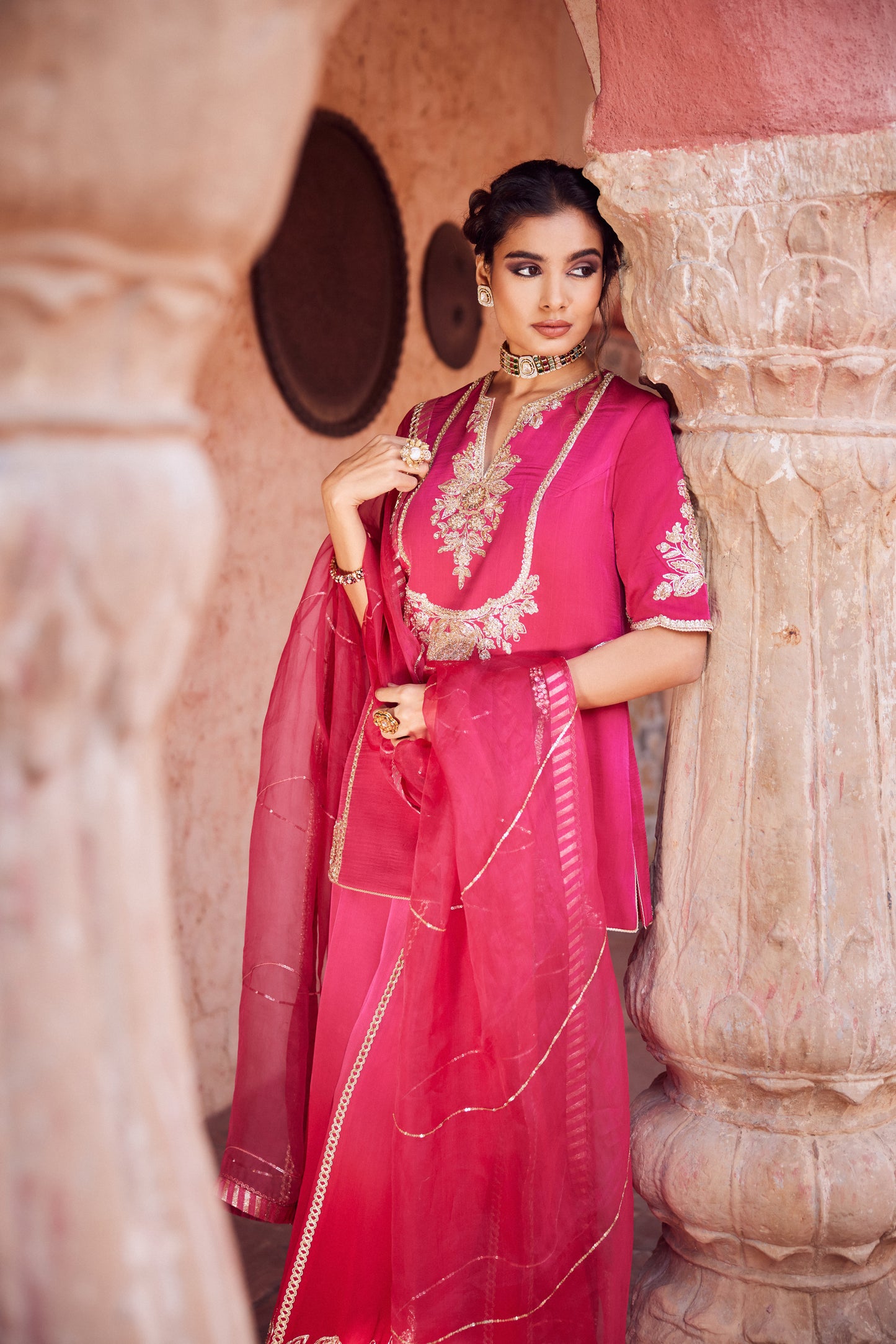 Pink red ombre shaded satin georgette kurti set with organza dupatta and satin georgette sharara.