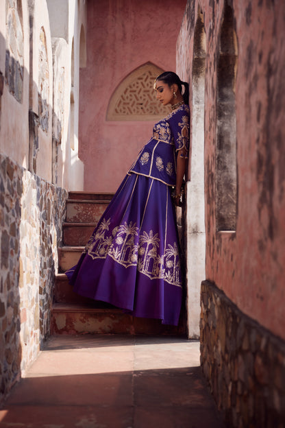 Purple ombre satin georette lehnga with organza dupatta and satin georgette embroidered peplum blouse.