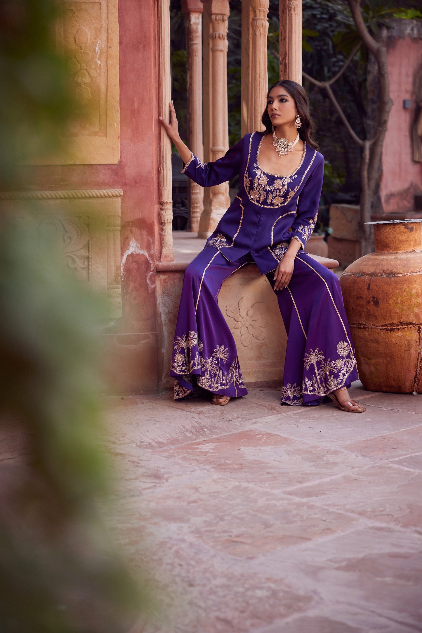 Purple satin georgette jacket set with satin georgette purple ombre bell bottom pants.