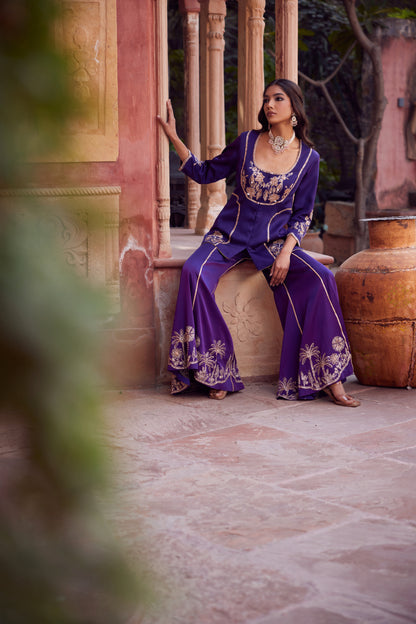 Purple satin georgette jacket set with satin georgette purple ombre bell bottom pants.