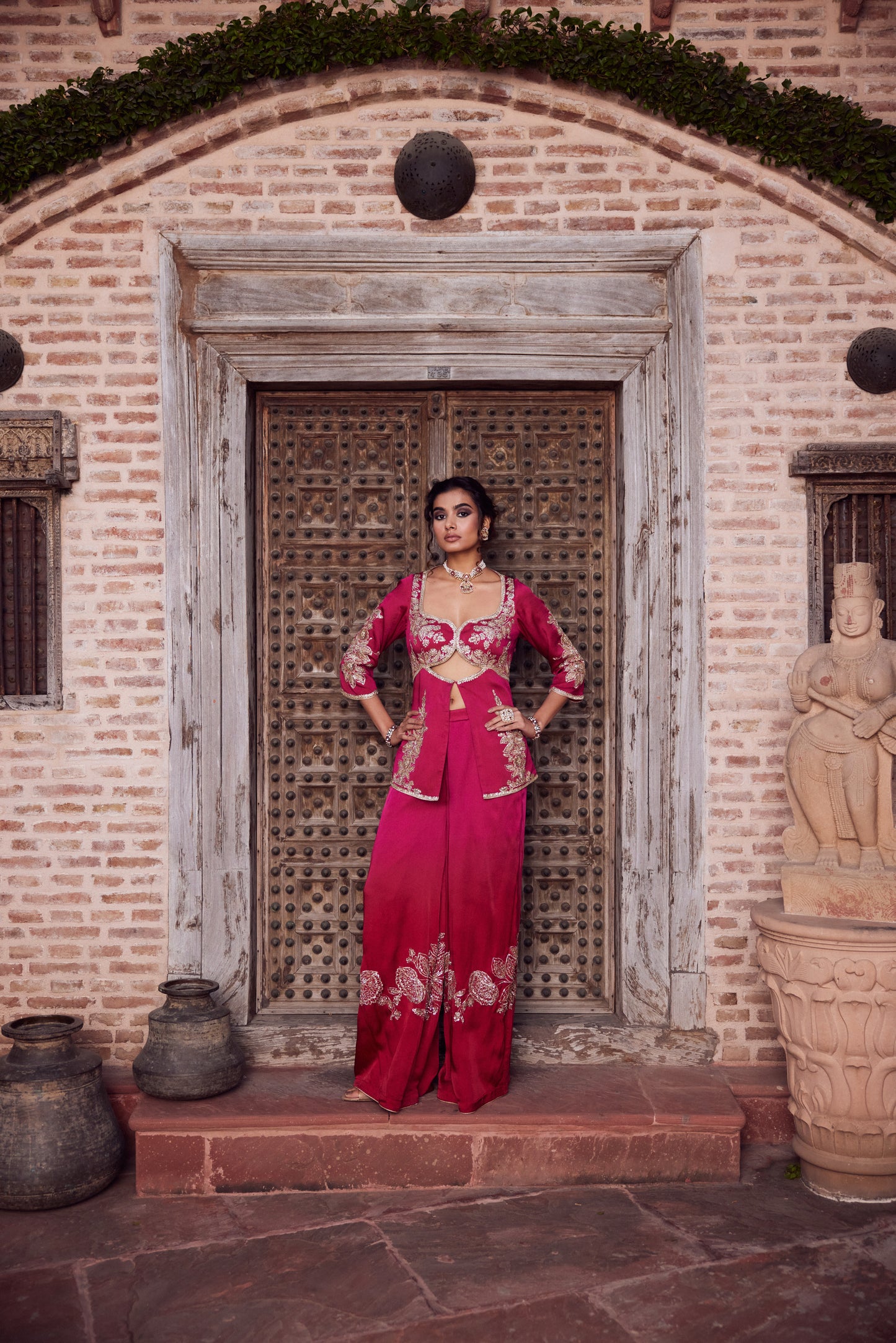 Pink satin georgette jacket set with satin georgette pink red ombre palazo pants