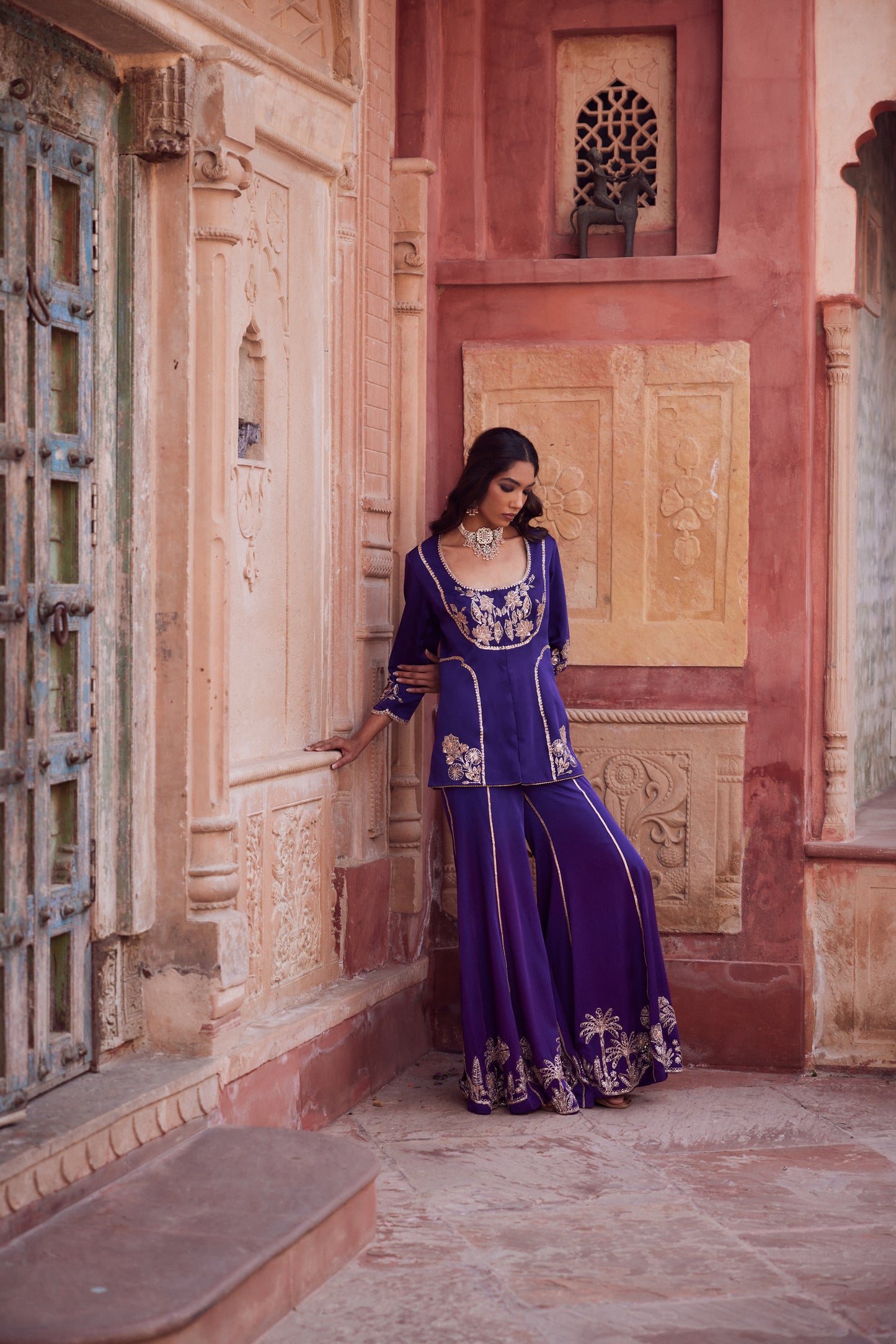 Purple satin georgette jacket set with satin georgette purple ombre bell bottom pants.