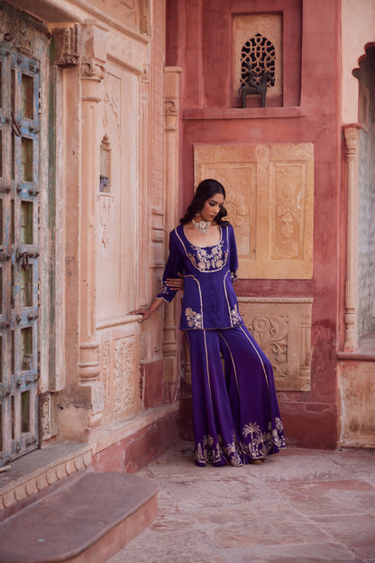 Purple satin georgette jacket set with satin georgette purple ombre bell bottom pants.