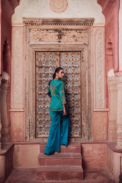 Teel satin georgette jacket set with satin georgette teel turquise ombre palazo pants.